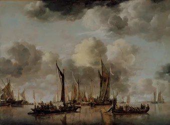 Eine niederländische Yacht feuert einen Salut ab, während ein Kahn ablegt, 1650